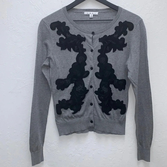 CAbi Grey Black Lace Button Cardigan size Small - Picture 2 of 7